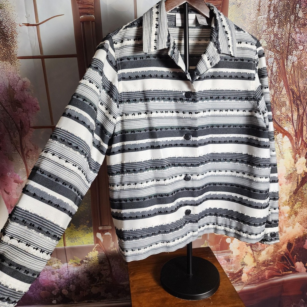 L Boho Striped Button Up Blazer Jacket in Black and White, Size 10 Petite